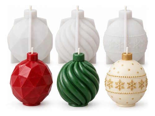 Kit 3 moldes de silicón esferas navideñas para velas facetada, espiral y copos de nieve