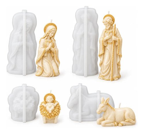 Kit 4 moldes de silicón nacimiento para velas Virgen, José, Niño Jesús y burrito